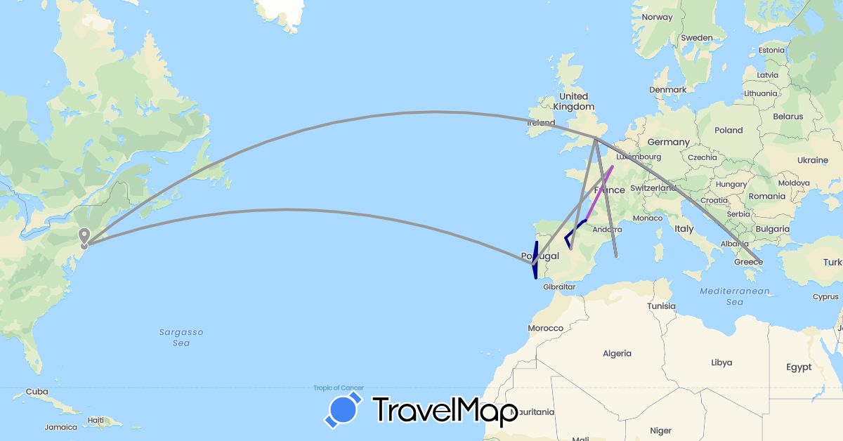 TravelMap itinerary: driving, plane, train in Spain, France, United Kingdom, Greece, Portugal, United States (Europe, North America)